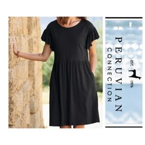 Peruvian Connection Black Lilian Ruffle Short Sleeve Dress XS